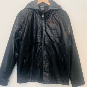 Mens Ring Of Fire Black Faux Leather Jacket with Hood L